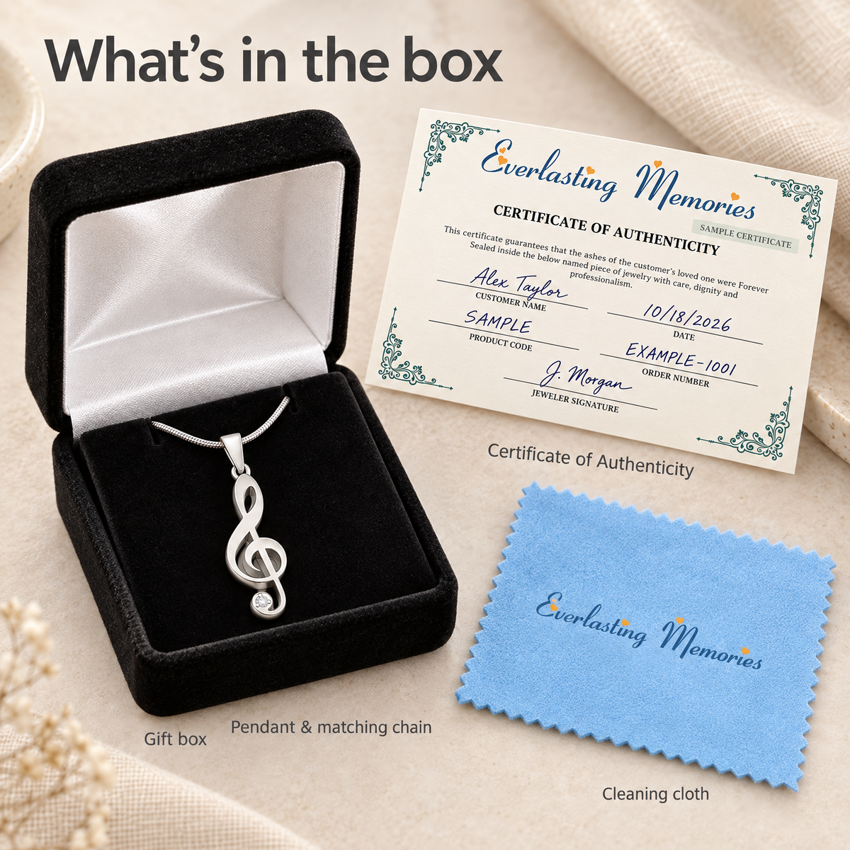 Solid 14k White Gold Music Note Forever Sealed Memorial Jewelry — whats in box — evr20062wgfs