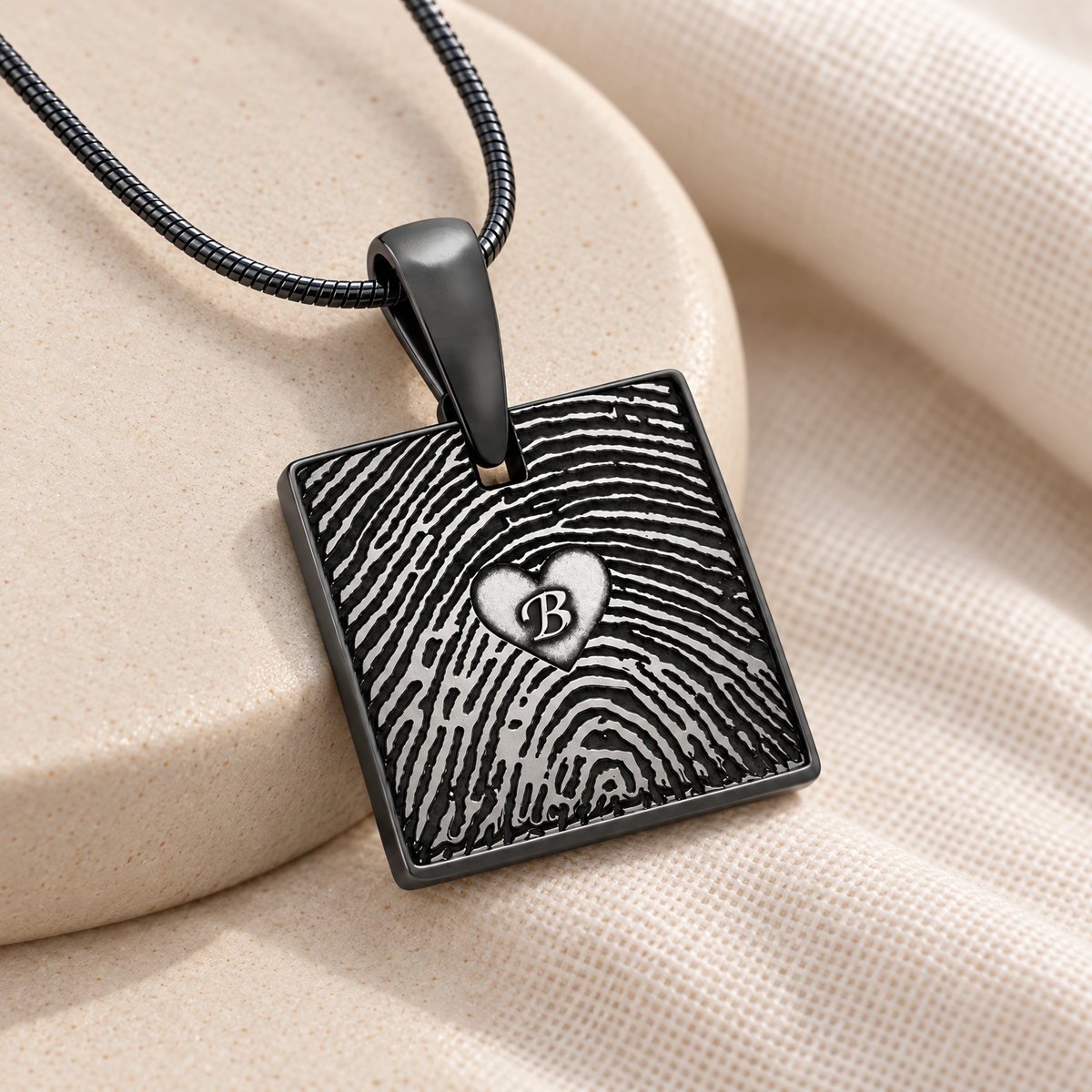 Black Plated Sterling Silver Initial Square Fingerprint Necklace — alternate view — evr4829b