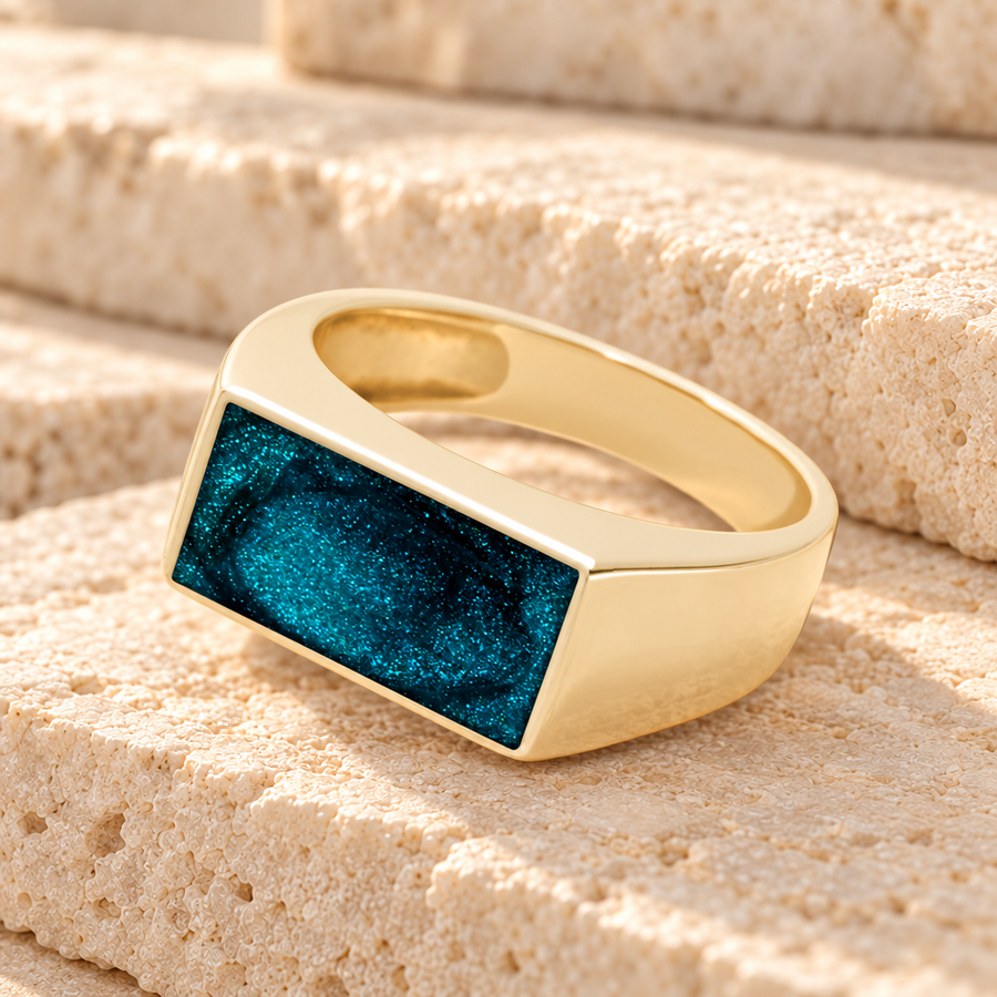 Solid 14K Gold Men's Drexel Ash Ring with Aqua