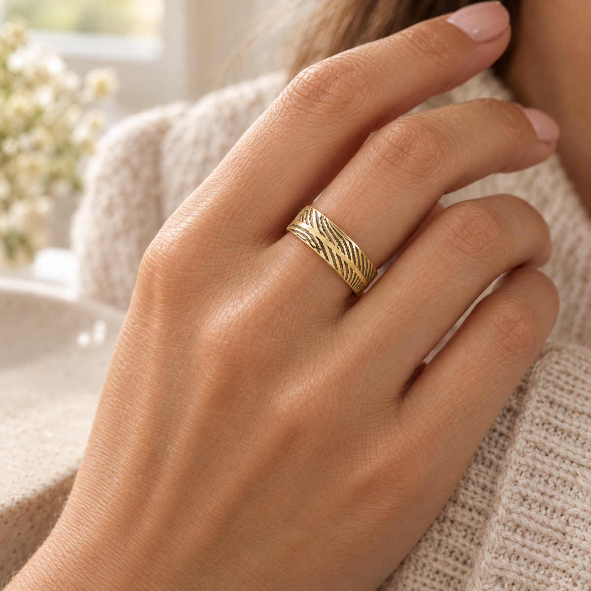 Women's Double Solid 14K Yellow Gold Fingerprint Ring — lifestyle — evr30013kg