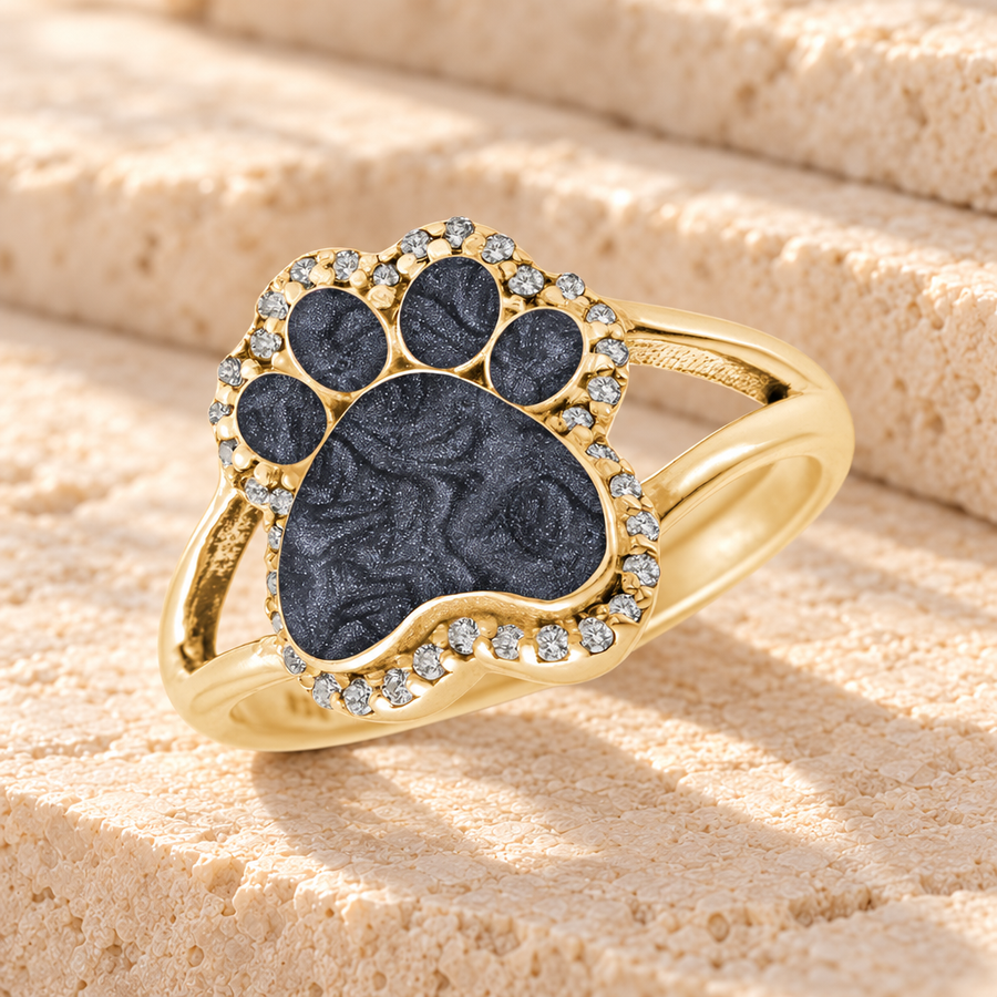 Solid 14K Gold Women's Paw Print Ash Ring with Slate