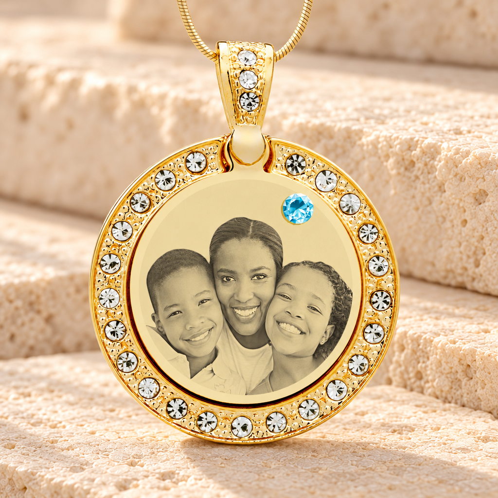 Birthstone Gem Circle March Photo Engraved Gold Plated over Stainless Keepsake — main product image