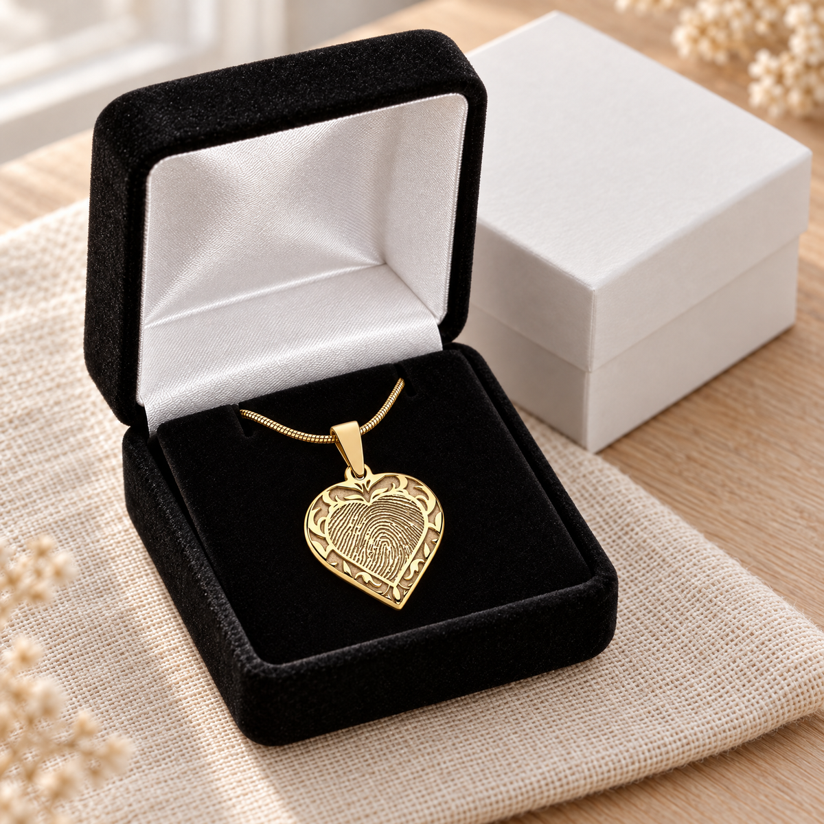 Solid 14k Gold Carved Heart Fingerprint Necklace — gift box — evr4832kg