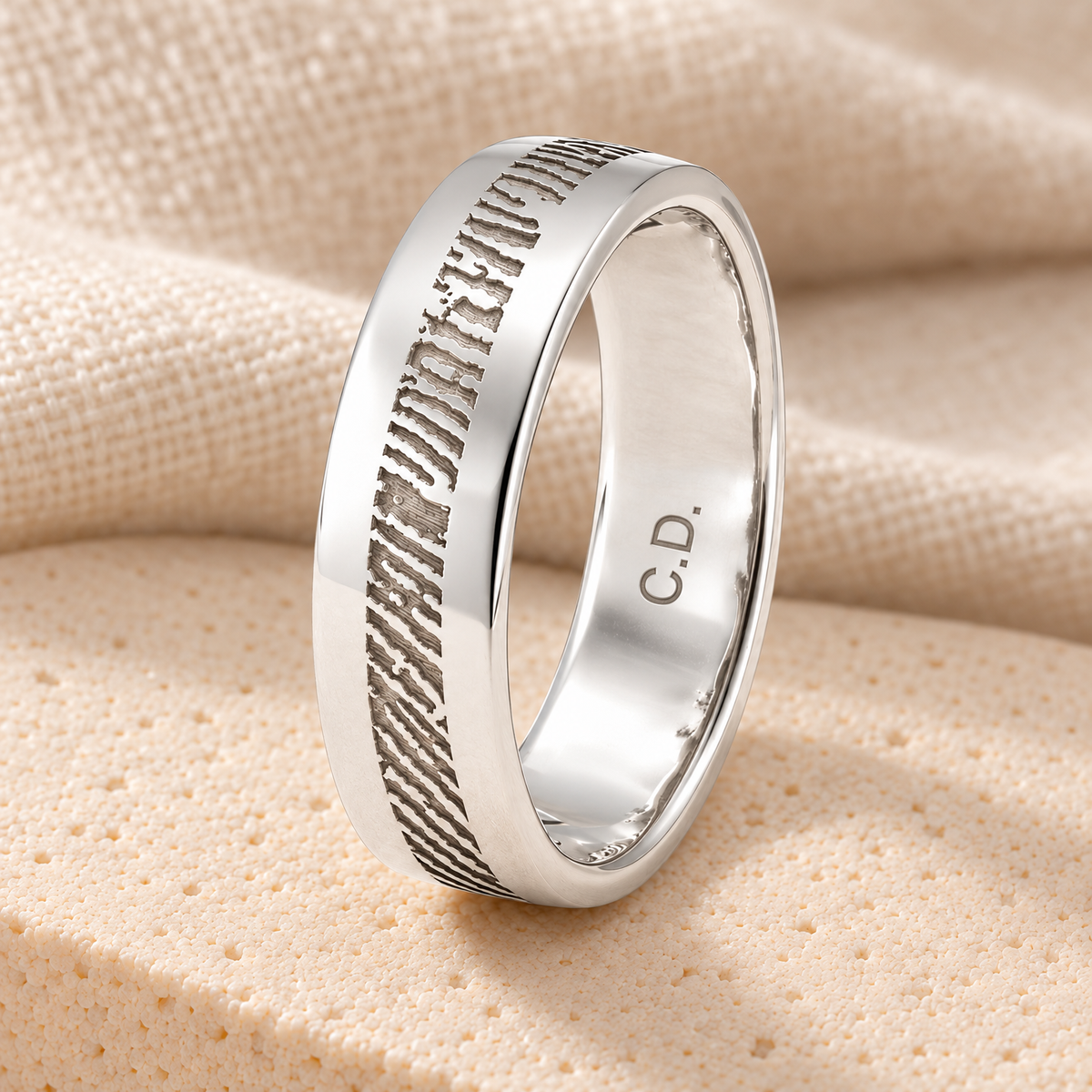 Women's Slender Line Solid 14k White Gold Fingerprint Ring — rear engraving — evr30002wg