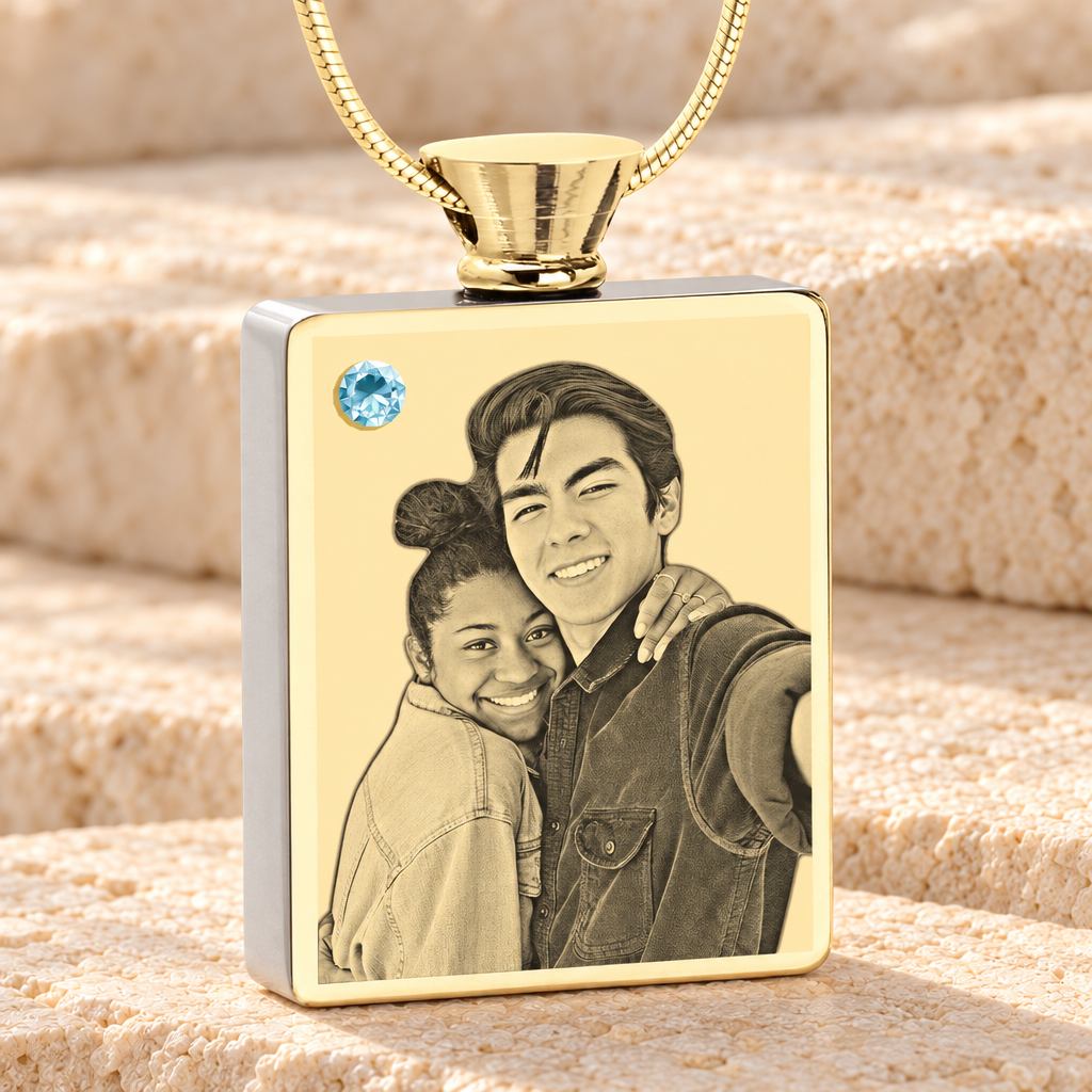 March Birthstone Rectangle Gold Plated Photo Engraved Ash Pendant — main product image