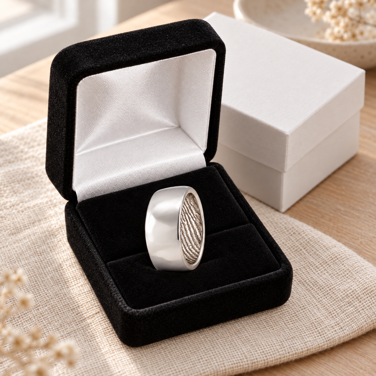 Solid 14k White Gold Shaped Men's Band with Fingerprint Ring — gift box — evr30007wg