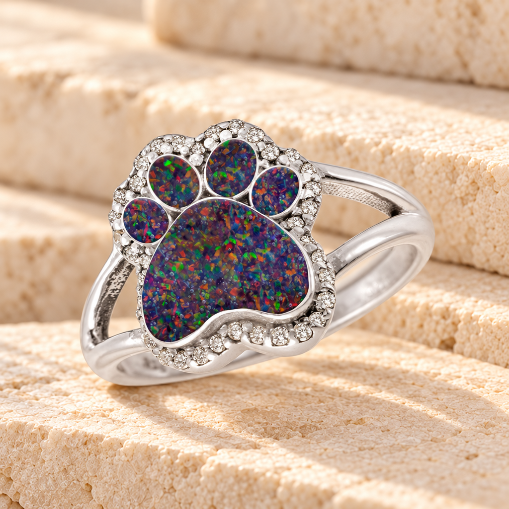 Women's Sterling Silver Paw Print Ash Ring with Black Flame Opal — main product image