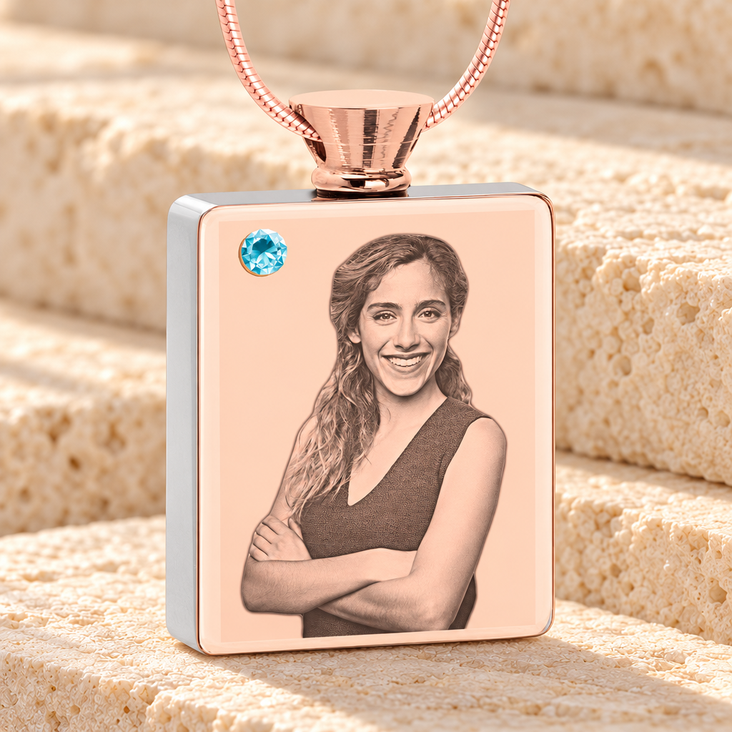 March Birthstone Rectangle Rose Gold Plated Photo Engraved Ash Pendant — main product image