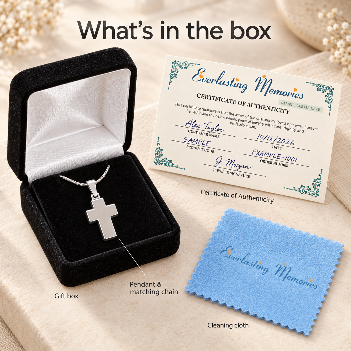 Solid 14K White Gold Faithful Cross Forever Sealed Cremation Jewelry — whats in box — evr6452wgfs