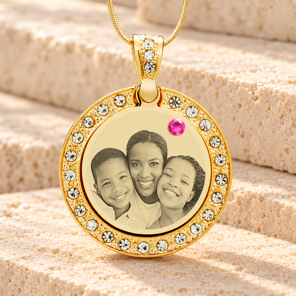 Birthstone Gem Circle October Photo Engraved Gold Plated over Stainless Keepsake — main product image