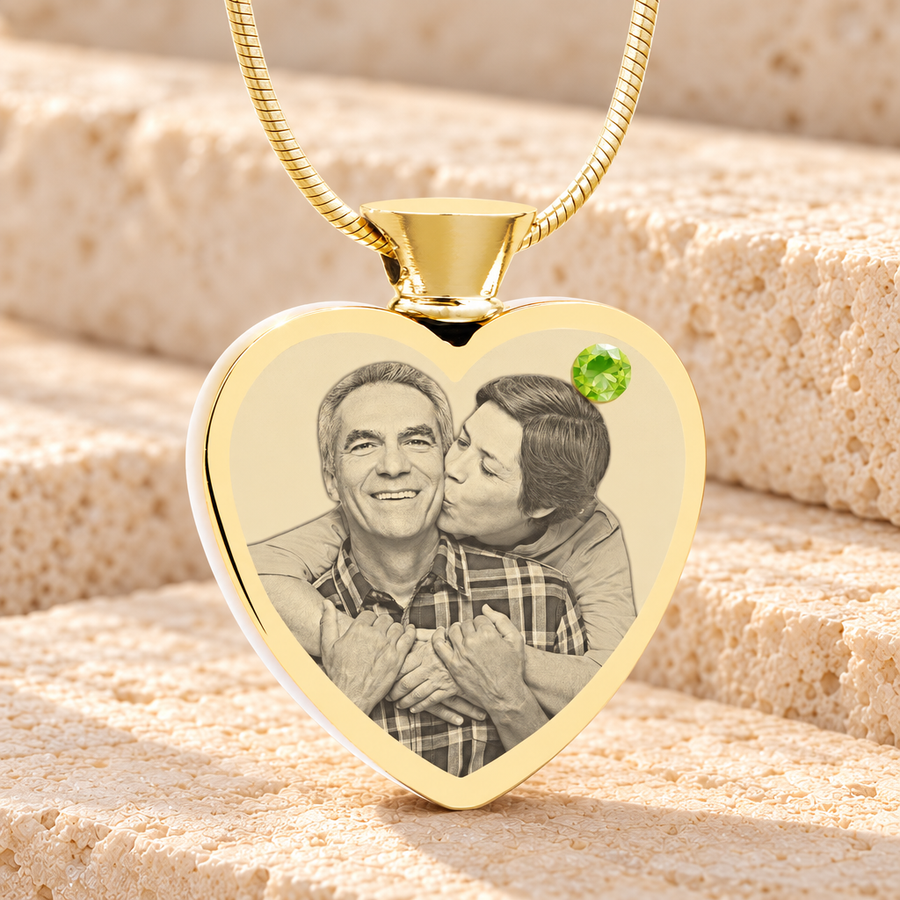 August Birthstone Heart Gold Plated Photo Engraved Ash Pendant