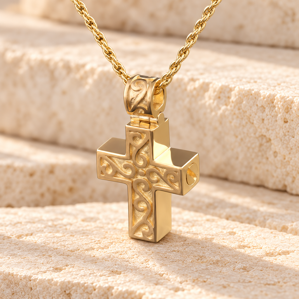 Gold Plated Carved Cross Urn Jewelry — main — evr6303gv