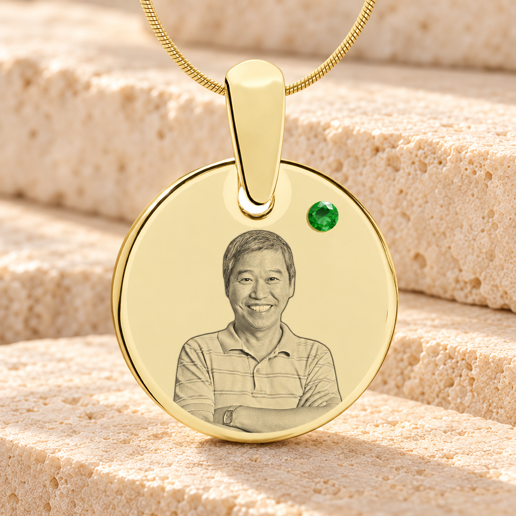 Birthstone Round May Photo Engraved Gold Plated over Stainless Keepsake — main product image