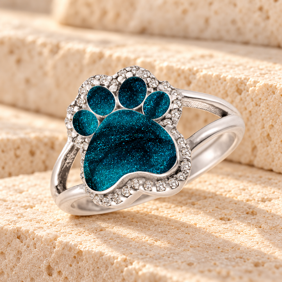 Women's Sterling Silver Paw Print Ash Ring with Aqua