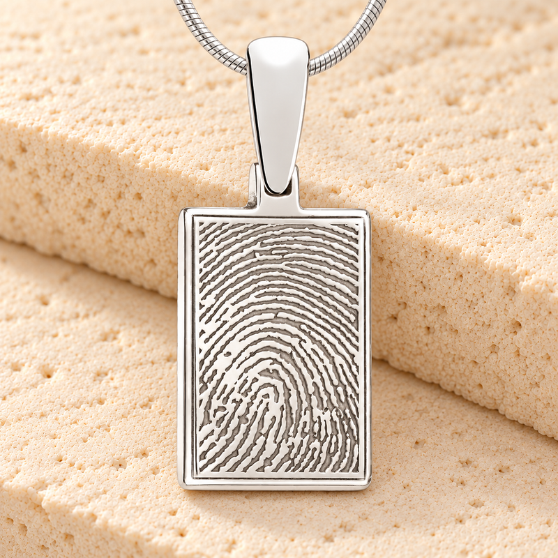 Solid 14k White Gold Rectangle Fingerprint Necklace