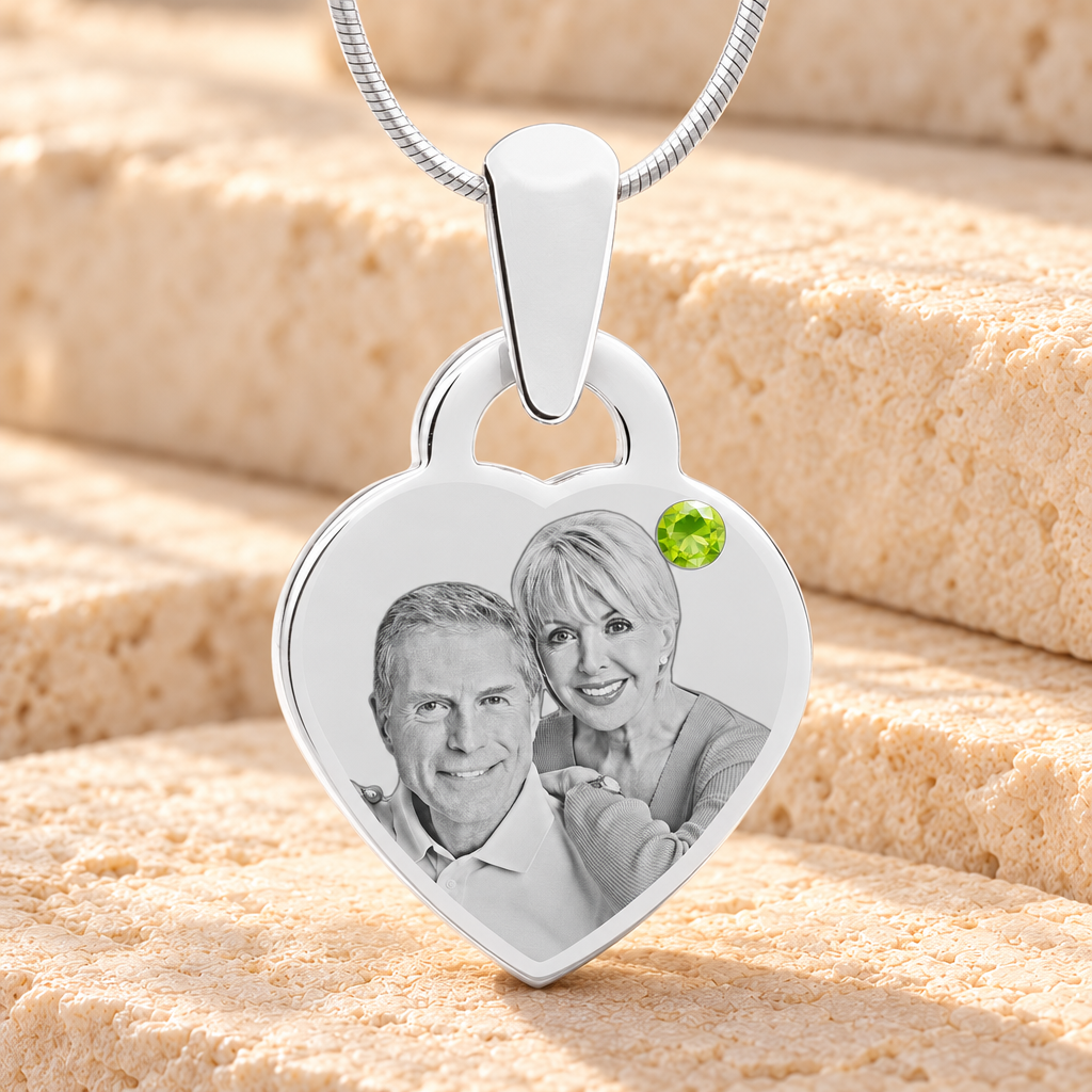 Birthstone Small Heart August Picture Engraved Stainless Keepsake — main product image