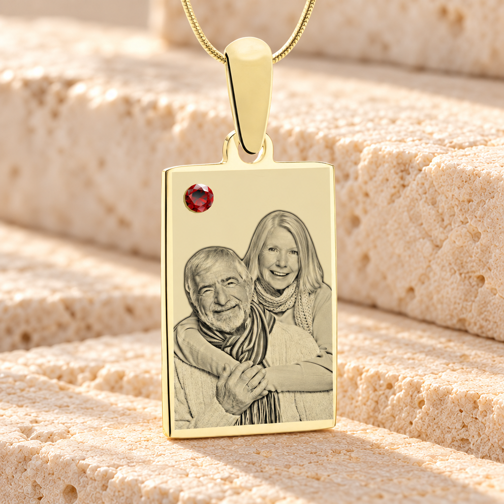 Birthstone Rectangle January Photo Engraved Gold Plated over Stainless Keepsake — main product image