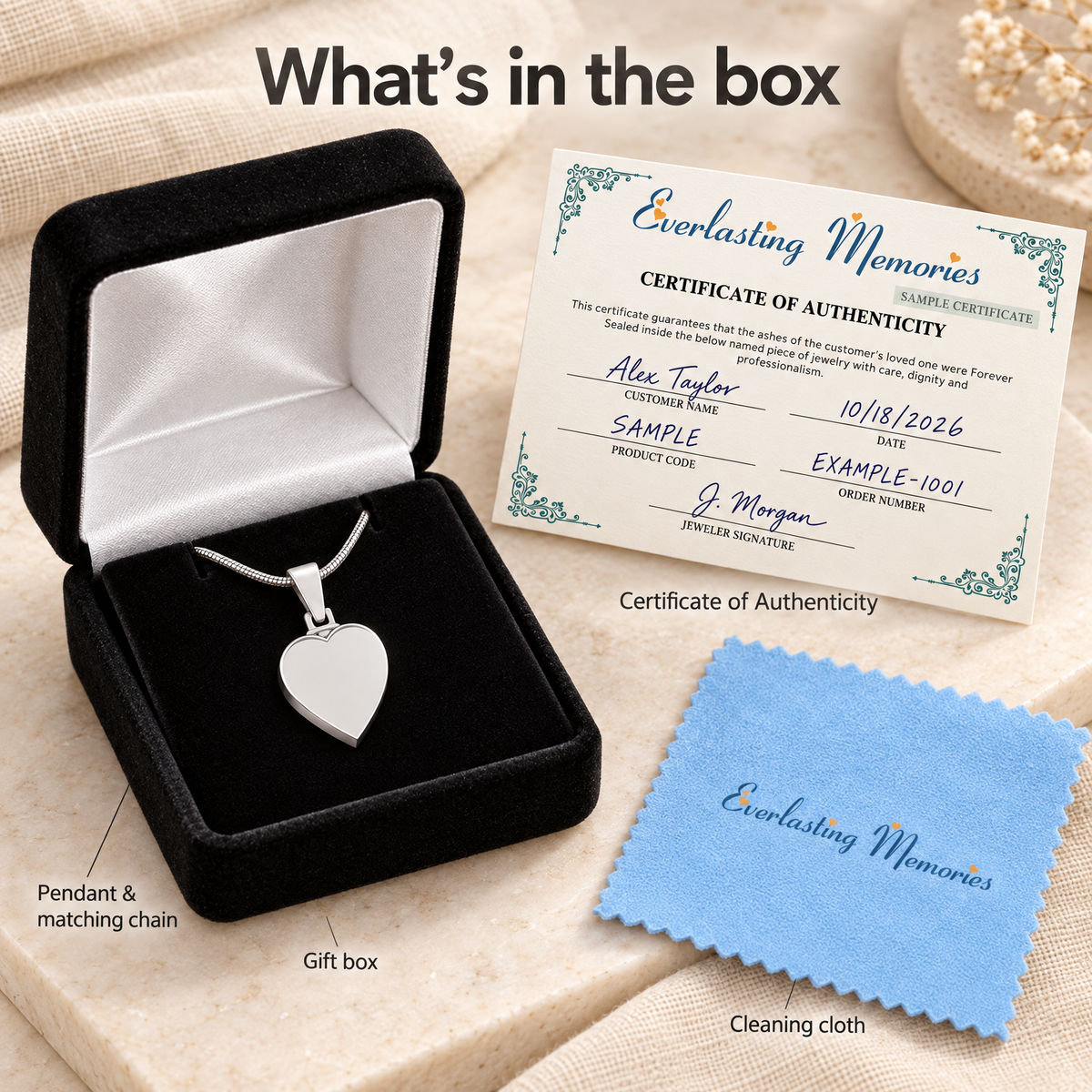 Solid 14K White Gold Serenity Heart Forever Sealed Cremation Jewelry — whats in box — 20037wgfs