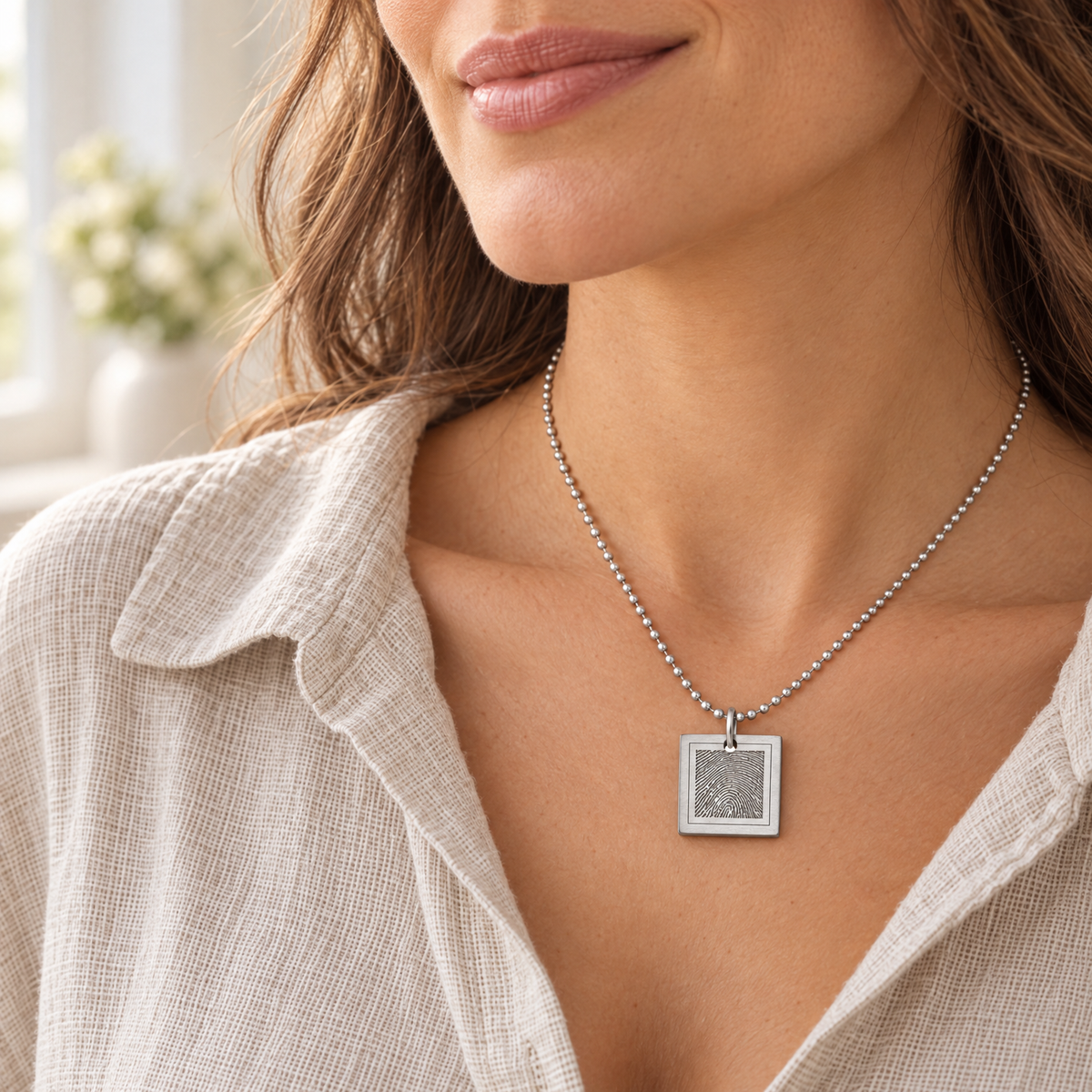 Thick Stainless Steel Brushed Square Fingerprint Necklace — lifestyle — evr4890fp