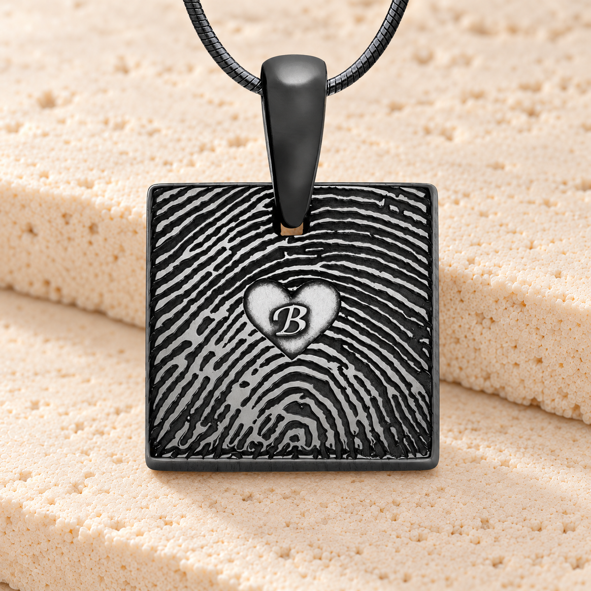 Black Plated Sterling Silver Initial Square Fingerprint Necklace — main — evr4829b