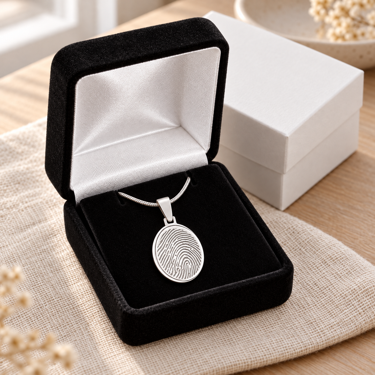 Sterling Silver Round Fingerprint Necklace — gift box — evr4704ss