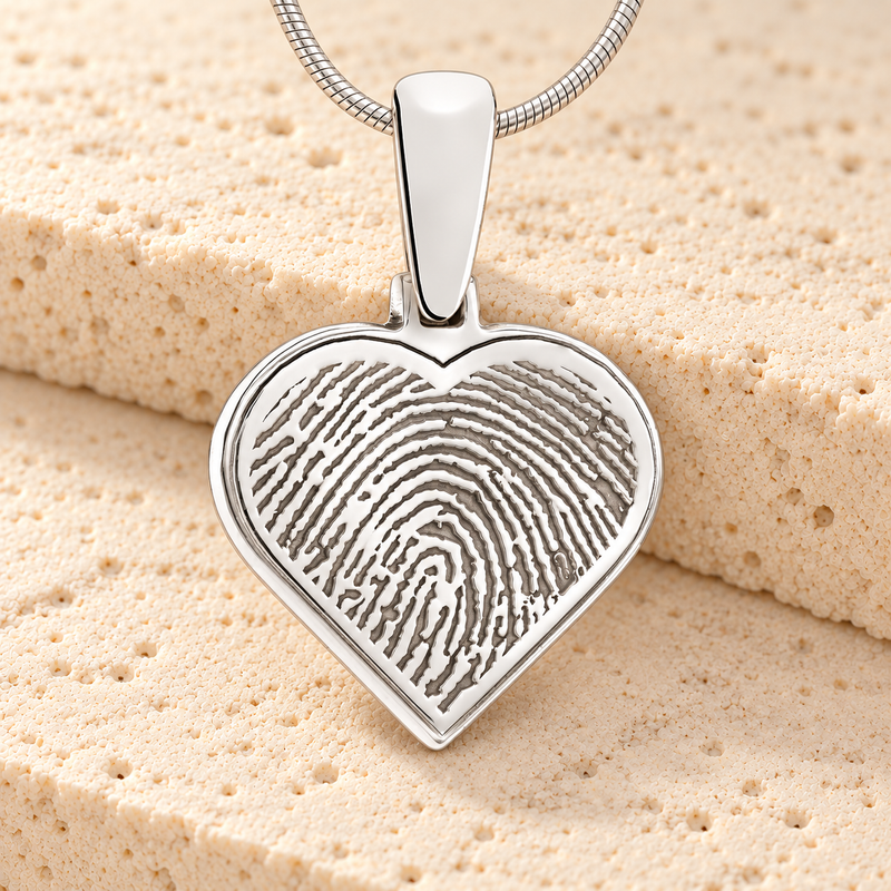 Solid 14k White Gold Heart Fingerprint Necklace