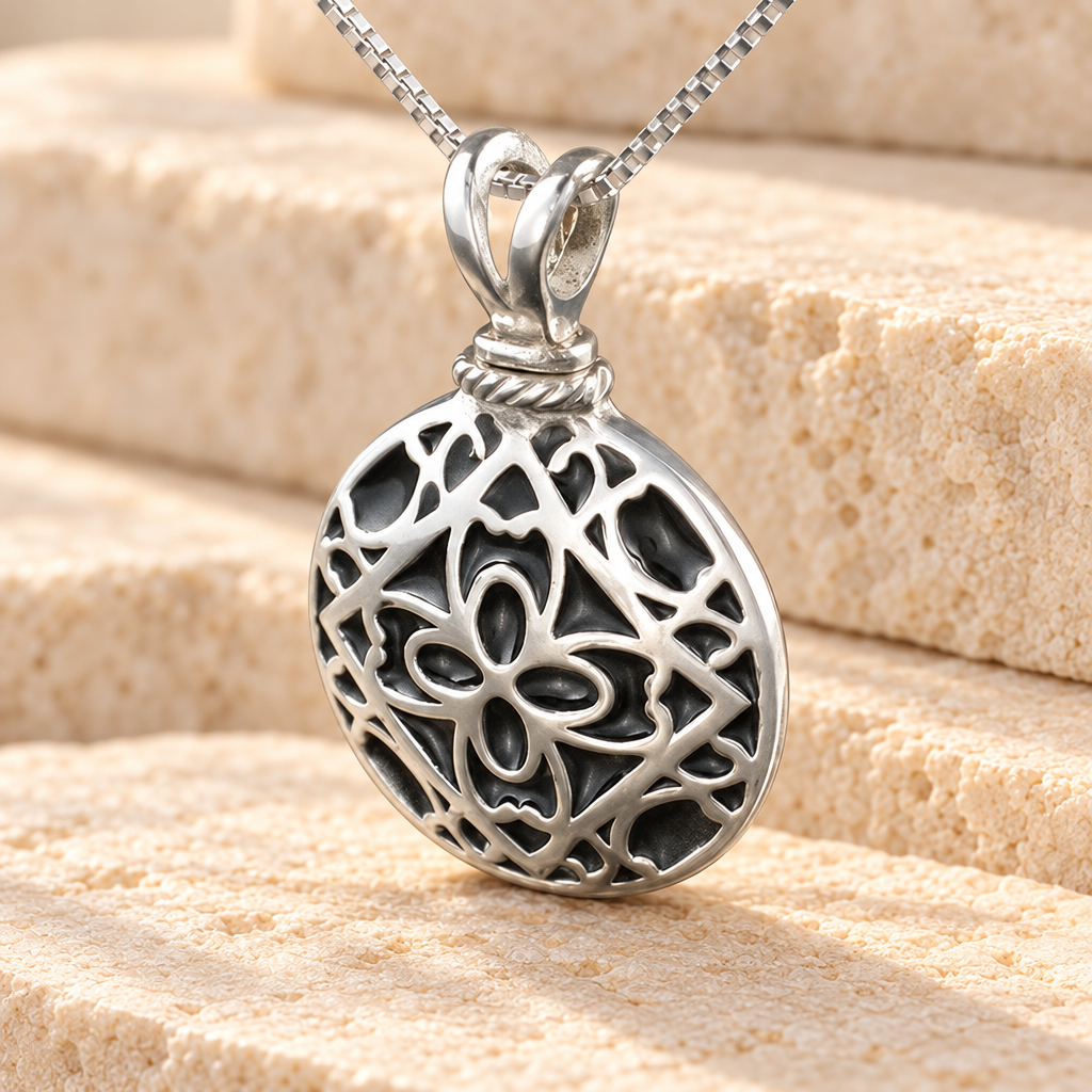 Filigree Round Urn Necklace - Silver — main — evr132ss