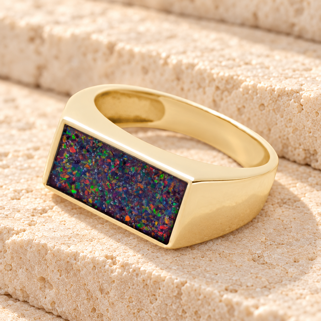 Solid 14K Gold Men's Drexel Ash Ring with Black Flame Opal — main product image