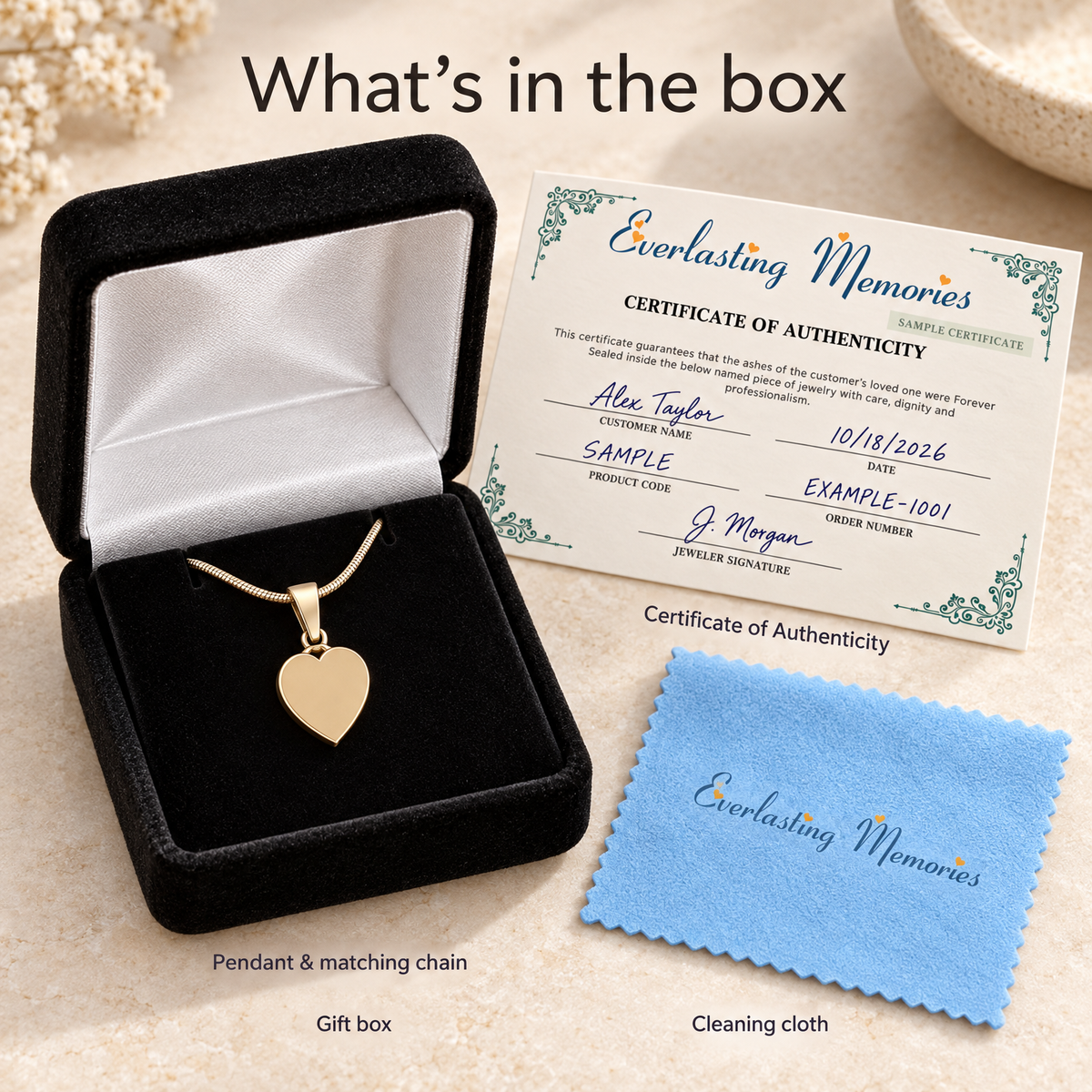 Solid 14K Gold Simple Heart Forever Sealed Cremation Jewelry — whats in box — evr6447kgfs