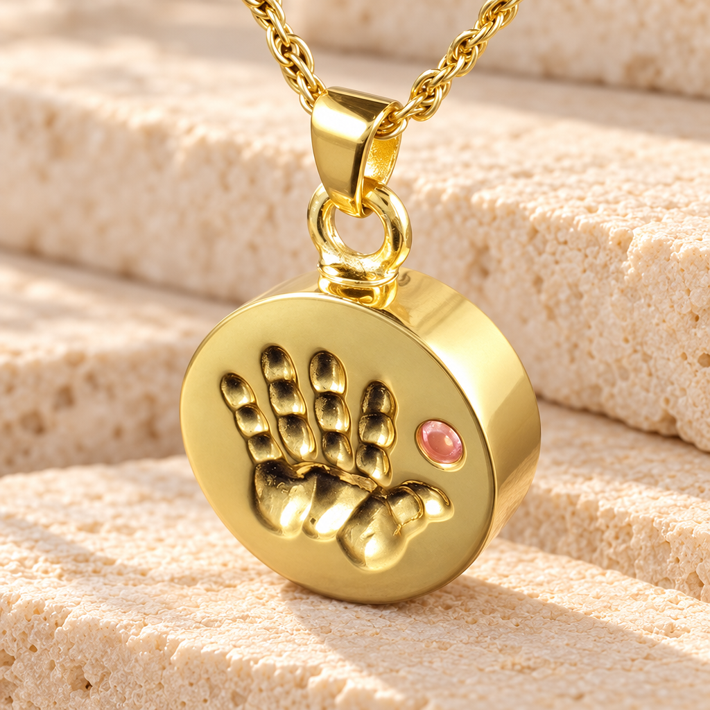 Gold Plated Tiny Hand Pink Urn Pendant — main — evr996gv