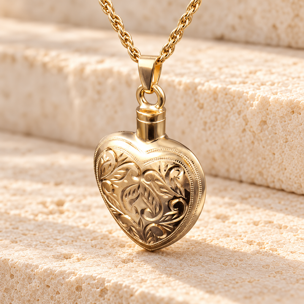 Etched Heart Jewelry Urn -14K Gold Plated — main — evr163kg
