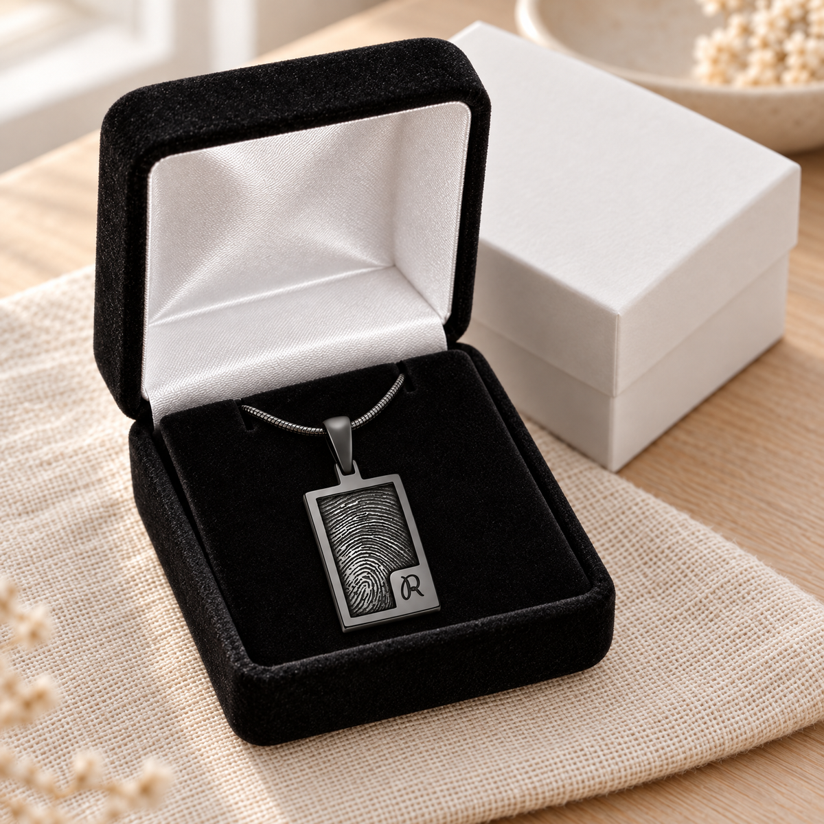 Black Plated Sterling Silver Simple Rectangle Fingerprint Necklace — gift box — evr4828b