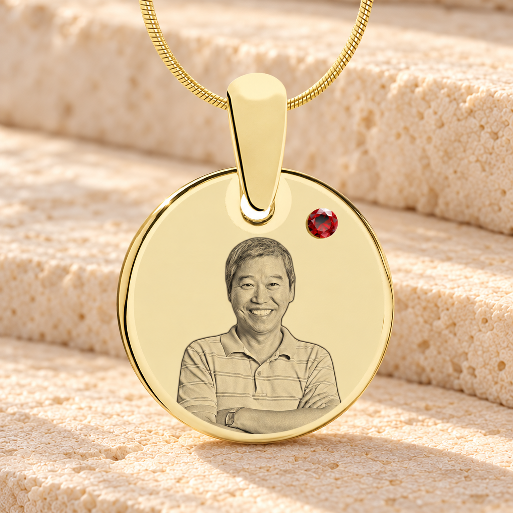 Birthstone Round January Photo Engraved Gold Plated over Stainless Keepsake — main product image
