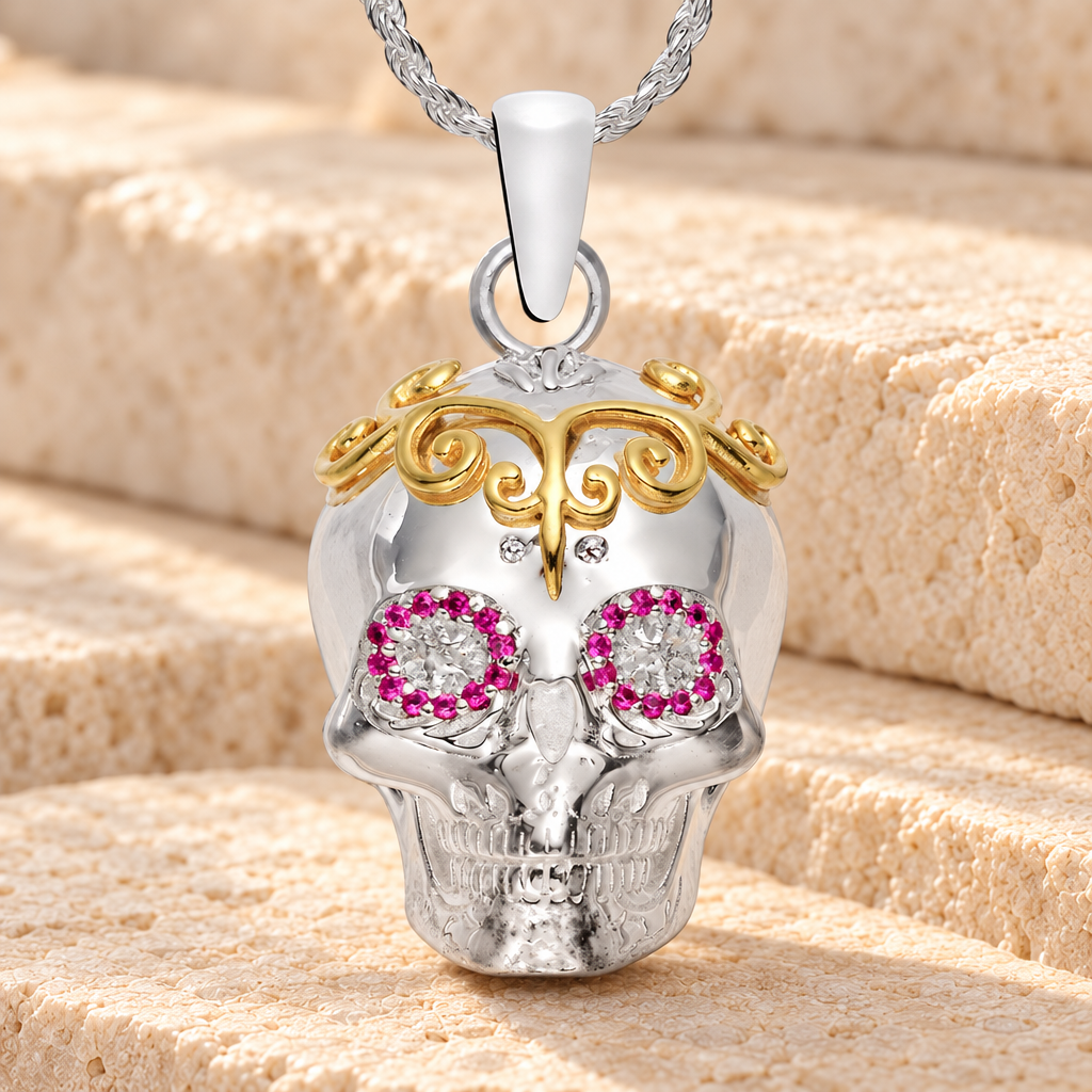 Sterling Silver Calavera with Gemstones Cremation Urn Pendant — main product image