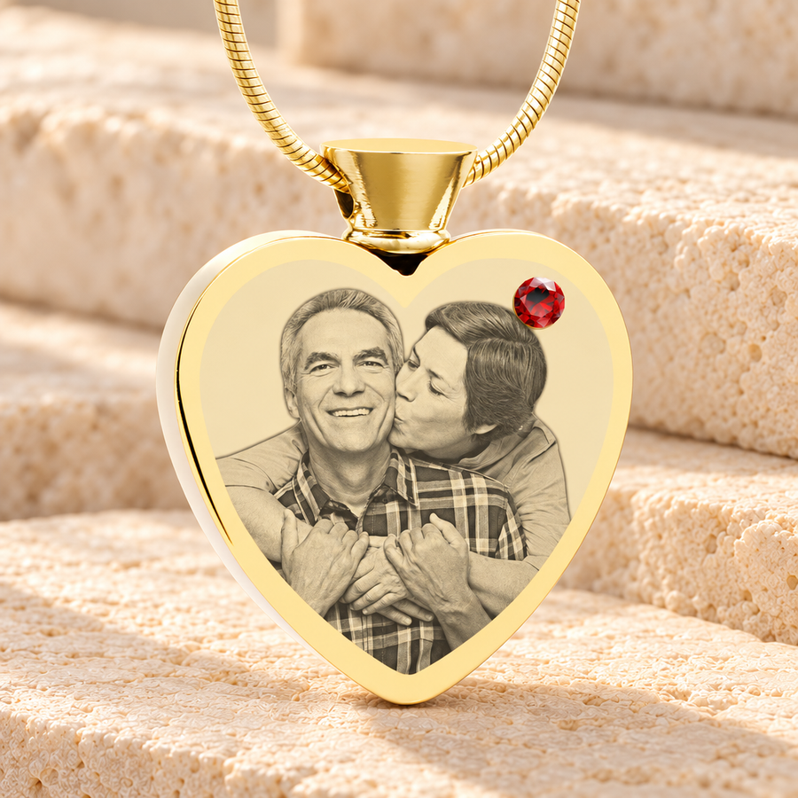 January Birthstone Heart Gold Plated Photo Engraved Ash Pendant