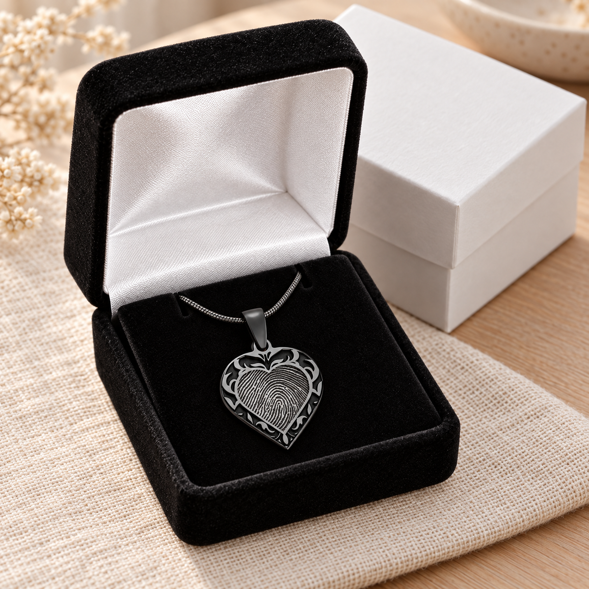 Black Plated Sterling Silver Carved Heart Fingerprint Necklace — gift box — evr4832b