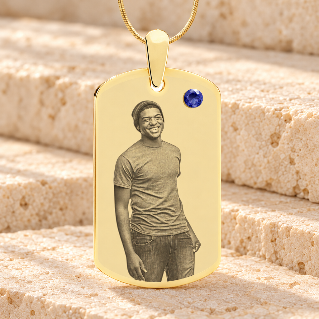 Birthstone Large Dog Tag September Photo Engraved Gold Plated over Stainless Keepsake — main product image
