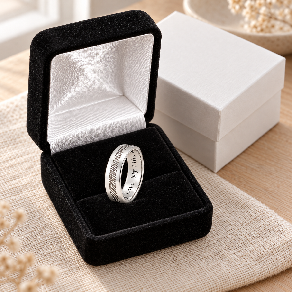 Women's Slender Line Solid 14k White Gold Fingerprint Ring — gift box — evr30002wg