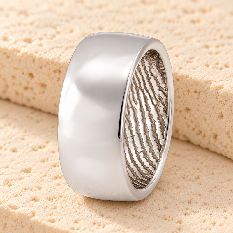 Solid 14k White Gold Shaped Men's Band with Fingerprint Ring