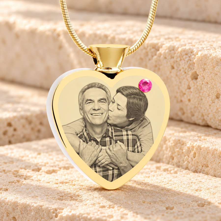 October Birthstone Heart Gold Plated Photo Engraved Ash Pendant