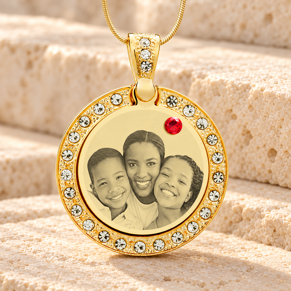 Birthstone Gem Circle July Photo Engraved Gold Plated over Stainless Keepsake — main product image