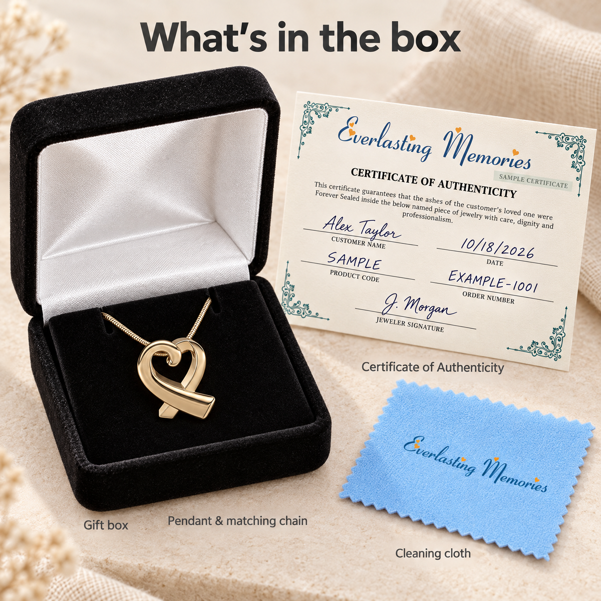 Solid 14K Gold Plated Folded Heart Forever Sealed Memorial Jewelry — whats in box — evr6181kgfs