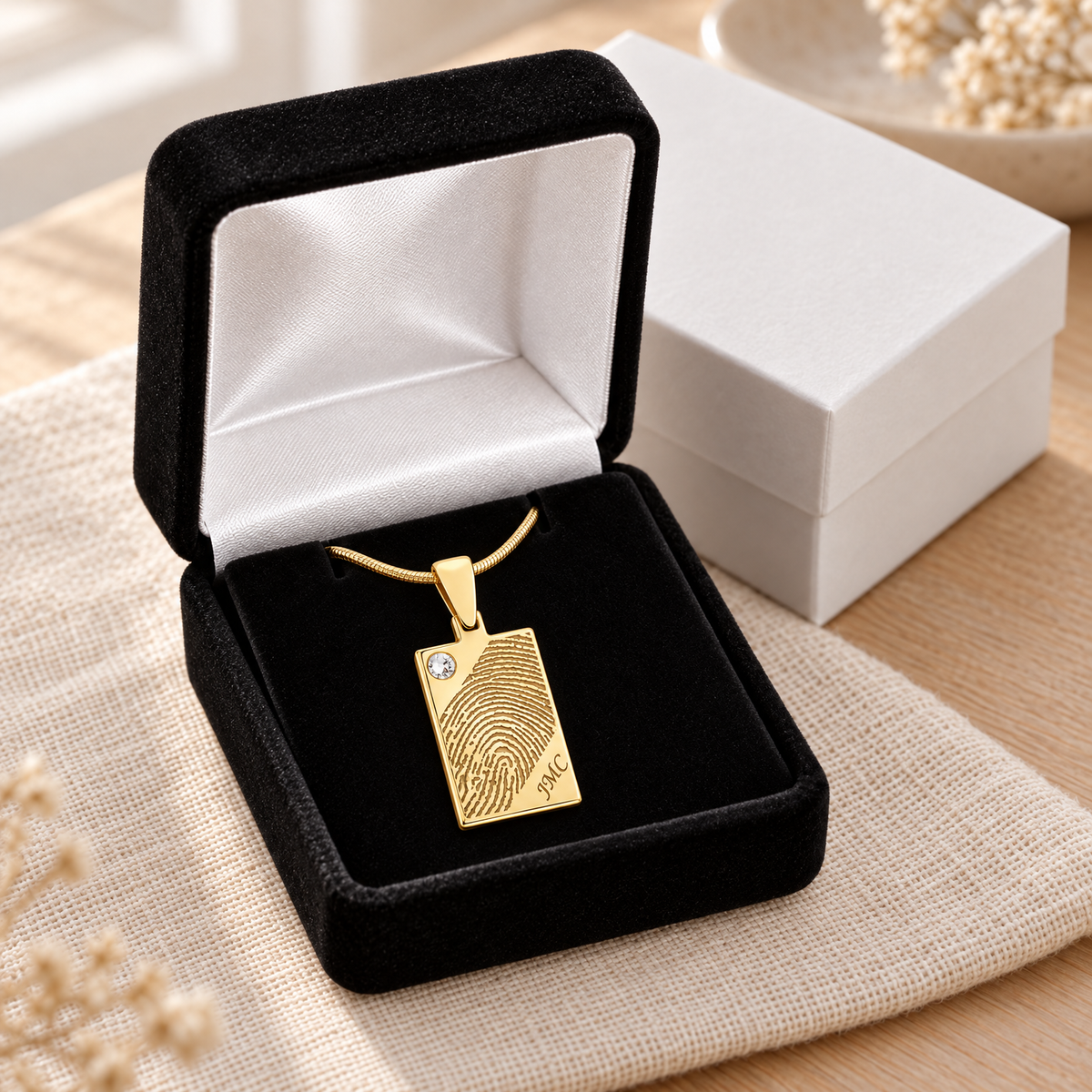 Birthstone Rectangle Gold Plated Fingerprint Necklace — gift box — evr4720g
