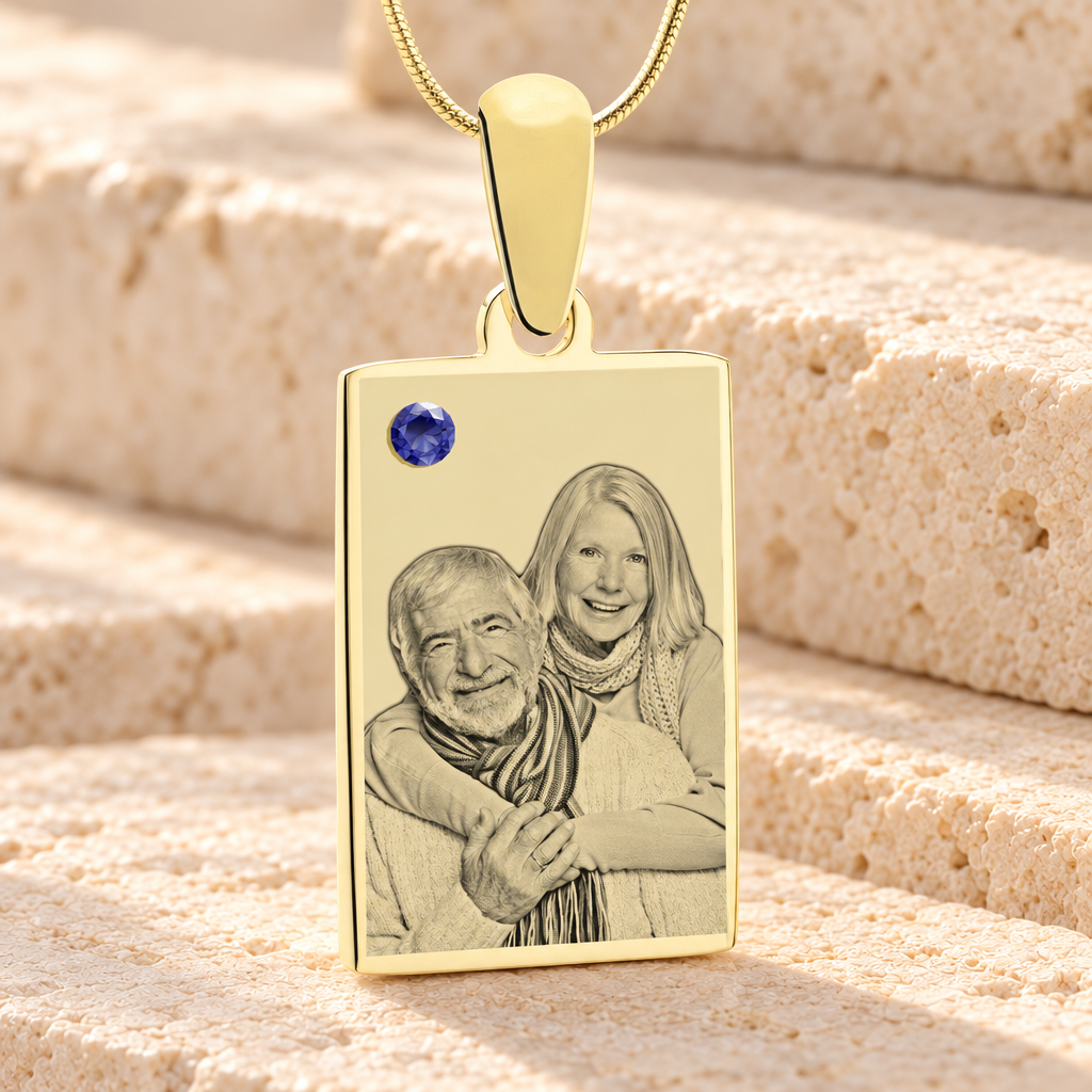 September Birthstone Rectangle Photo Engraved Gold Plated over Stainless Keepsake — main product image