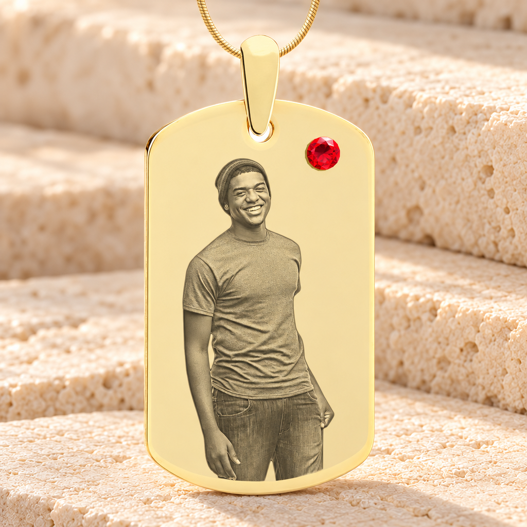 Birthstone Large Dog Tag July Photo Engraved Gold Plated over Stainless Keepsake — main product image