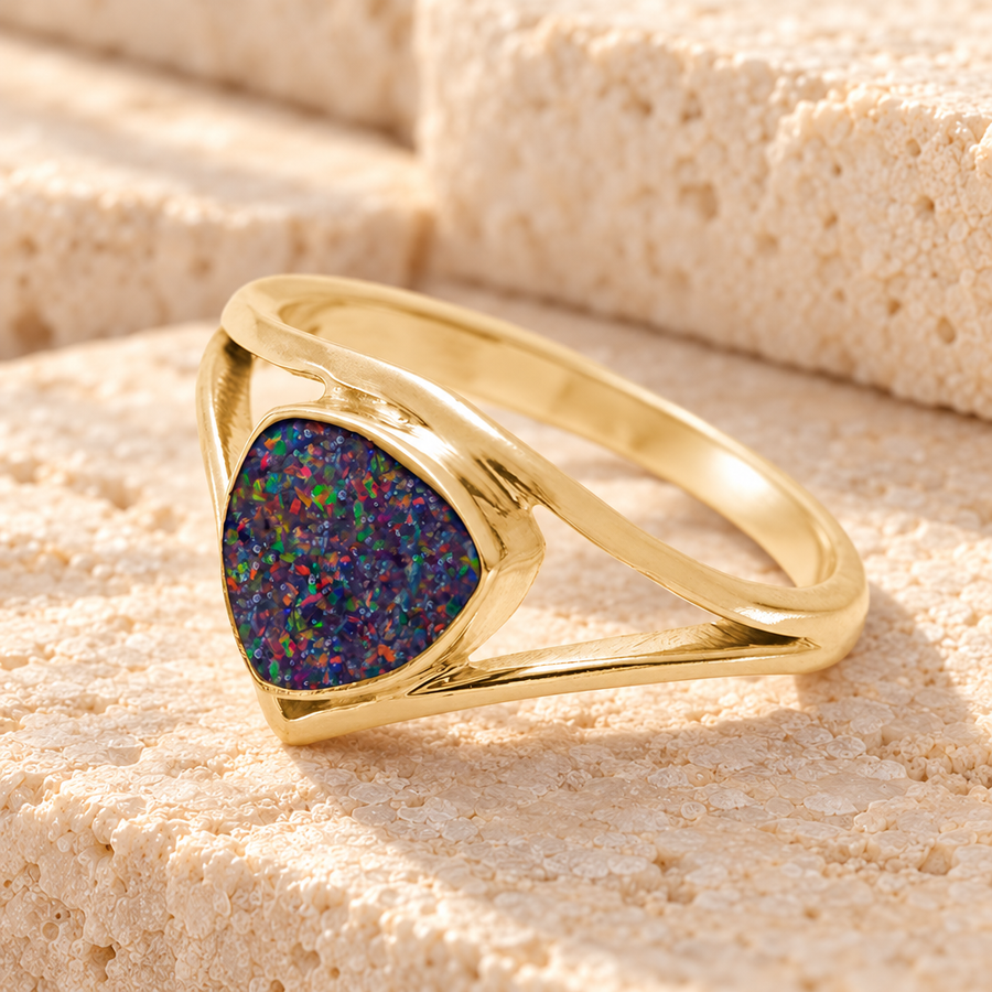 Solid 14K Gold Women's Willowbrook Ash Ring with Black Flame Opal