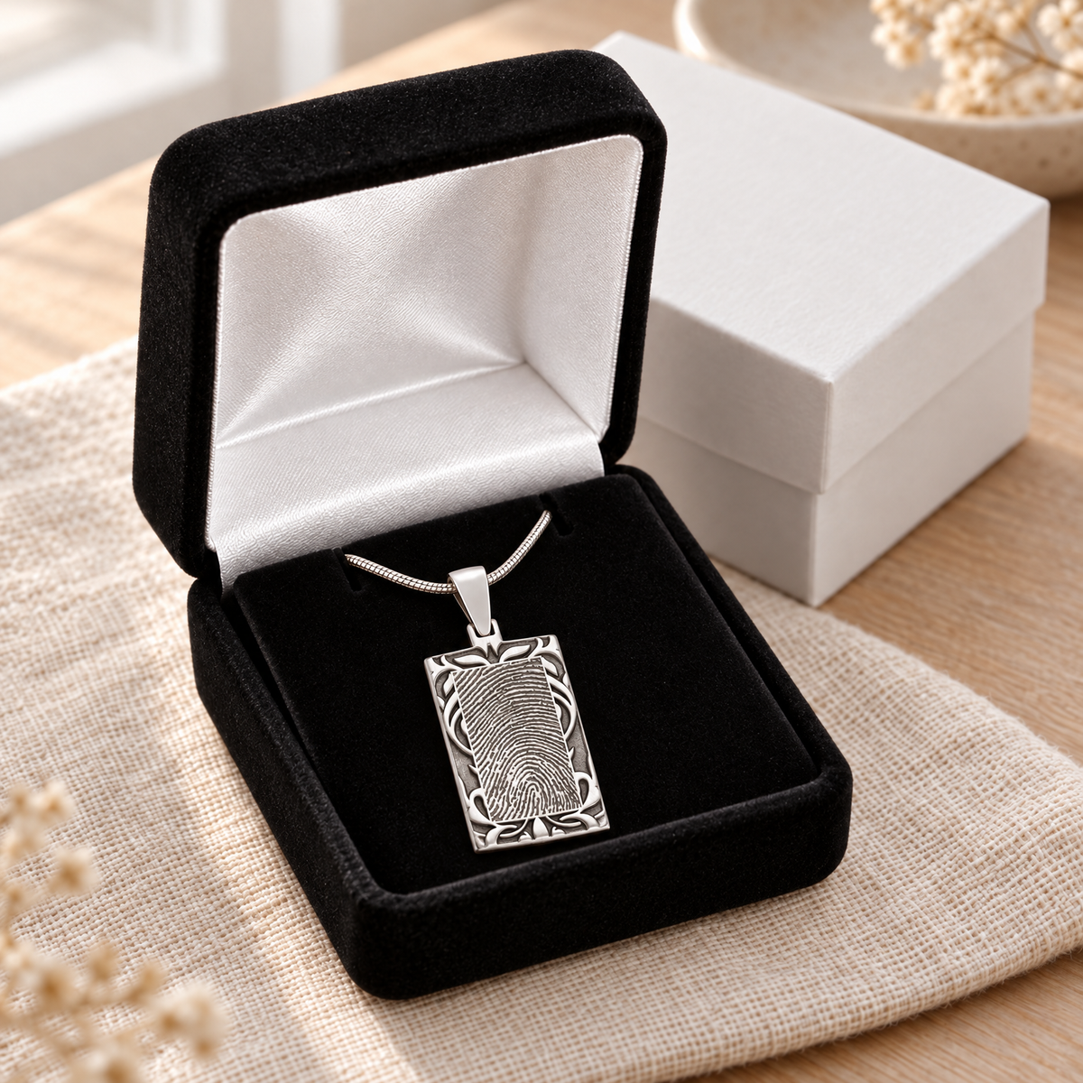 Carved Solid 14k White Gold Rectangle Fingerprint Necklace — gift box — evr4821wg