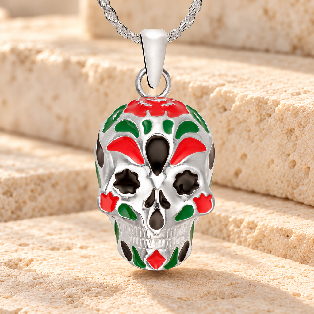 Sterling Silver Colorful Calavera Cremation Urn Pendant — main product image