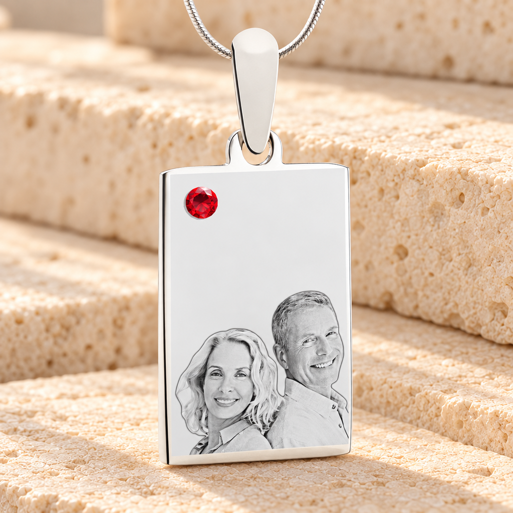 Birthstone Rectangle July Photo Engraved Stainless Keepsake — main product image