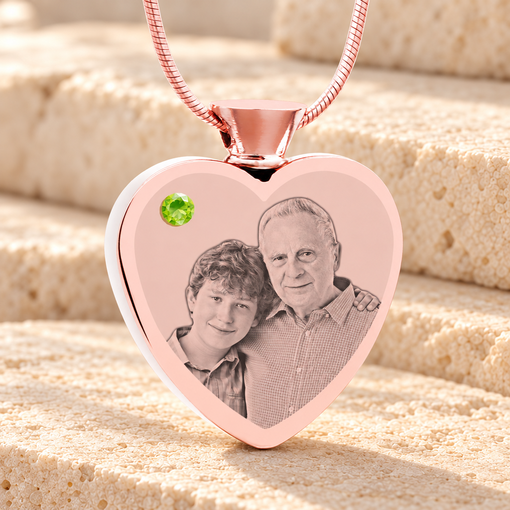 August Birthstone Heart Rose Gold Plated Picture Engraved Ash Pendant — main product image